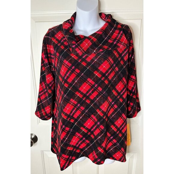 Ruby Rd Petite Medium Red & Black Plaid Cowl Neck Asymmetrical Hem Top  NWT - Picture 5 of 7